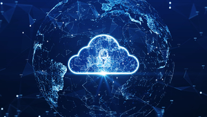 cloud computing technology database security concept Backup transfer. There is a large cloud icon prominently in the center of the abstract world and polygon with a dark blue background.